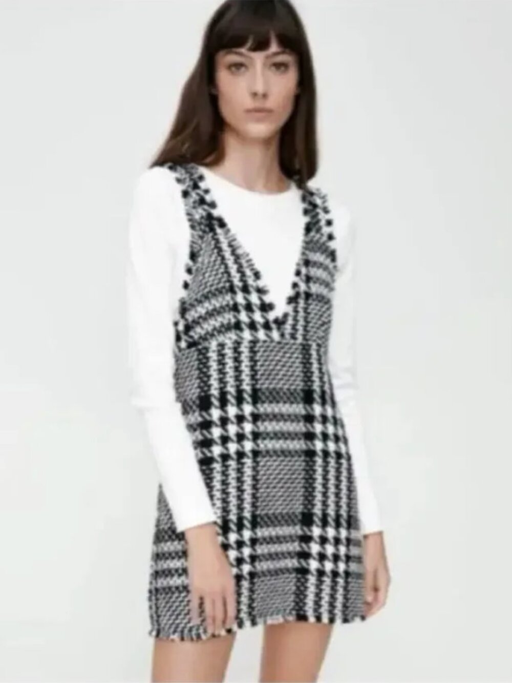 Zara | Textured Houndstooth Pinafore Apron Mini Dress Black & White | Size XS